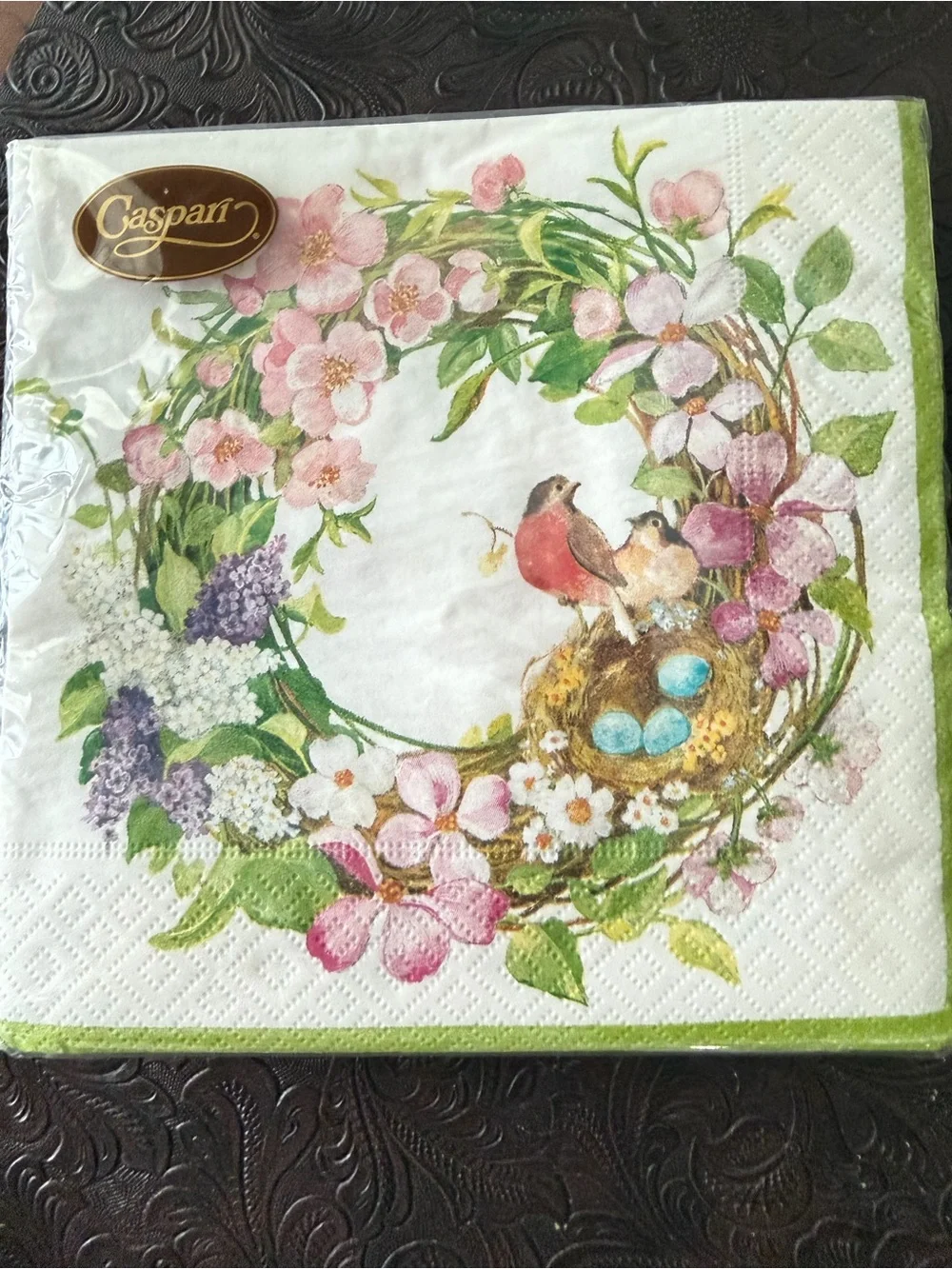 Three packages of Caspari napkins. 1 lunch 2 cocktail Floral Bird Paper Napkins